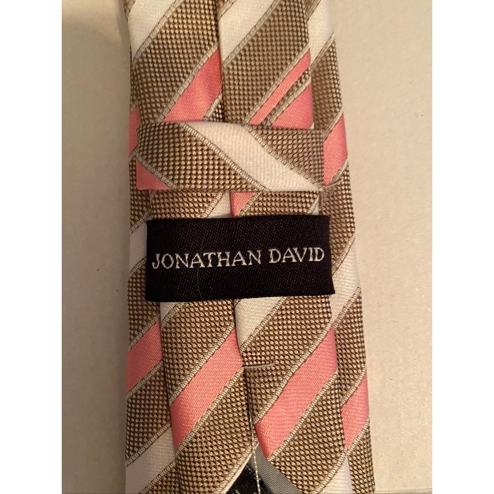 Jonathan David Mens Clip-On Necktie Brown‎ Pink White Striped Polyester Tie